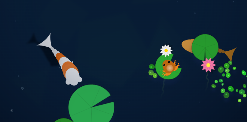 Koi, a frog, and lily pads in Fish Pond